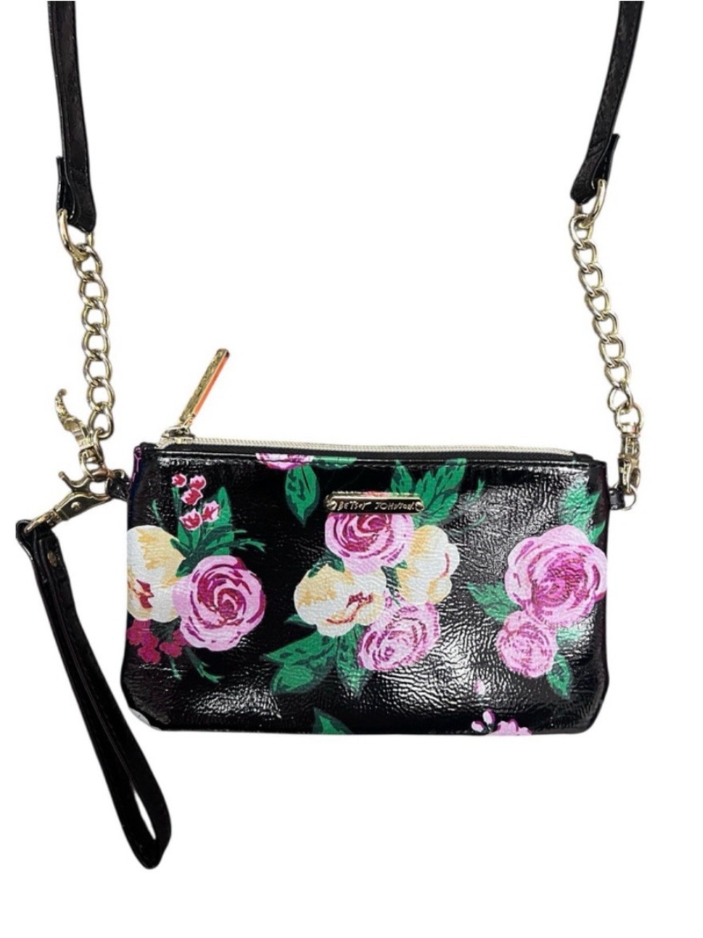 Betsey Johnson Floral Patent Wristlet Crossbody Bag Black Rose Convertible